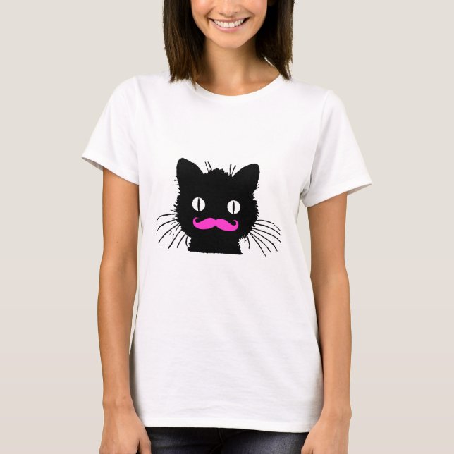 T-SHIRT CAT NOIR DE MOUSTACHE ROSE DRÔLE (Devant)