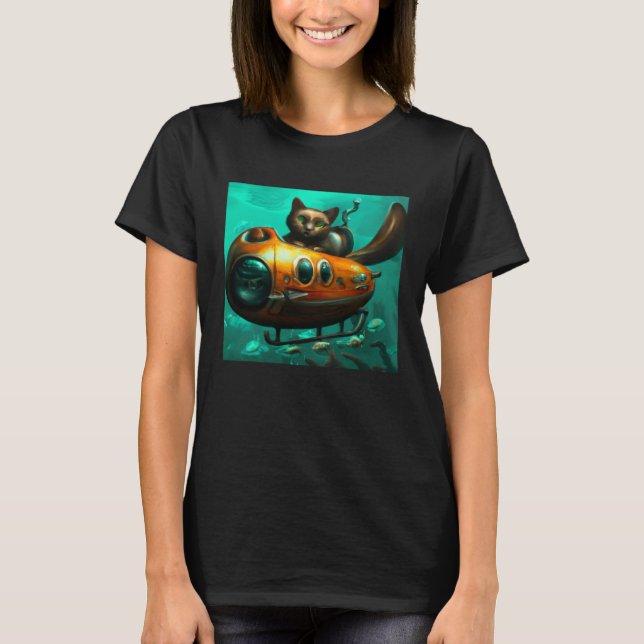 T-shirt Cat on a submarine in water Unusual situation (Devant)