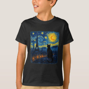 T-shirt Cat Paris Tour Eiffel Starry Nuit Van Gogh Inspi