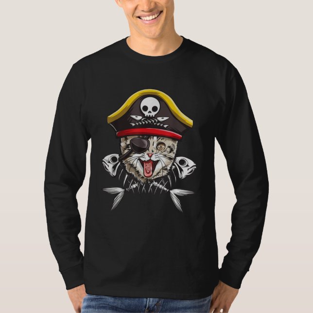 T-shirt Cat Pirate Boys Men Jolly Roger Flag Skull & Cross (Devant)