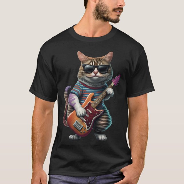 T-shirt Cat Playing Electric Guitar  Animal Cat  Guitar  1 (Devant)