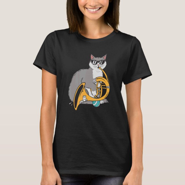 T-shirt Cat Playing French Horn Playing Music Black Glasse (Devant)