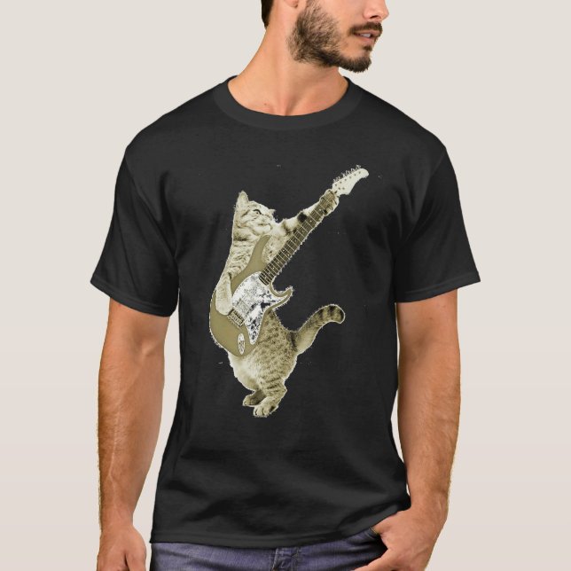T-shirt Cat Playing Guitar Kitten Guitarist Rockstar (Devant)