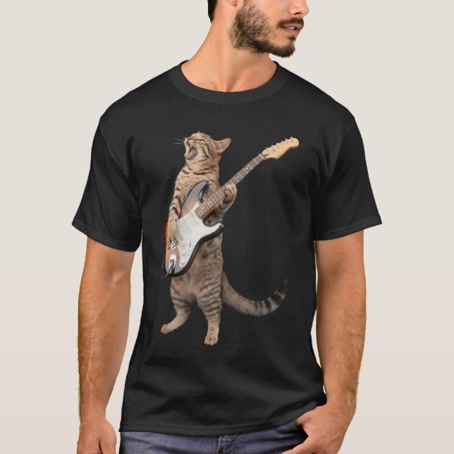 T-shirt Cat Playing Guitar Shirt Kids Men Women Rock And R (Devant)