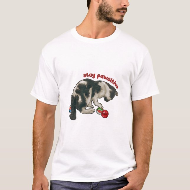 T-shirt Cat Playing with MARBLES, Stay Pawsitive, Pun (Devant)