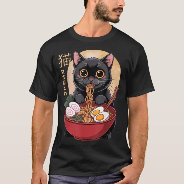 T-shirt Cat Ramen Funny Graphic Tees Japanese Kawaii Cat A (Devant)