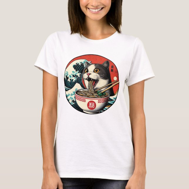 T-shirt Cat Ramen Japanese Art Vintage Style (Devant)