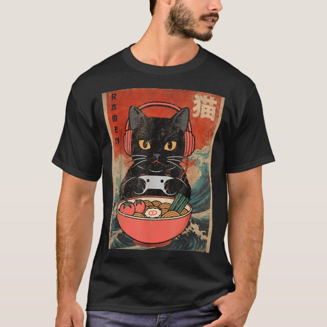 T-shirt Cat Ramen Japanese Funny Graphic Kawaii Anime  (Devant)