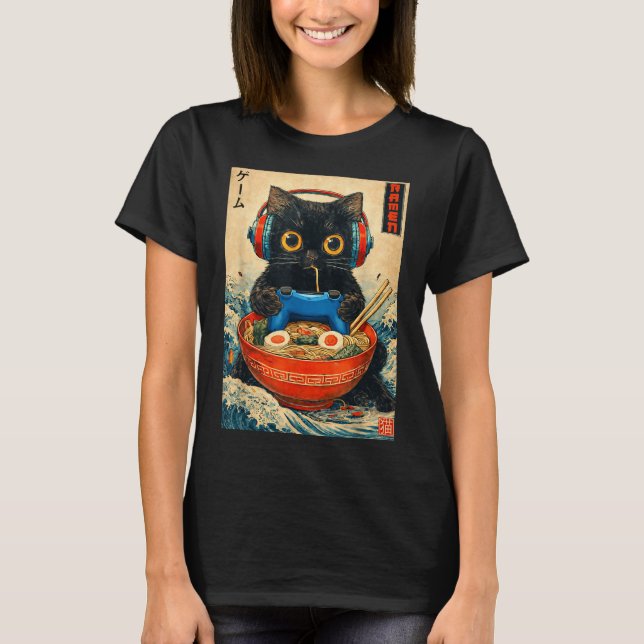 T-shirt Cat Ramen Japanese Funny Graphic Tees Kawaii Cat A (Devant)