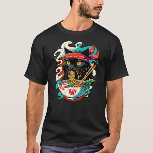 T-shirt Cat Ramen Noodle Japanese Anime Kawaii Cat (Devant)