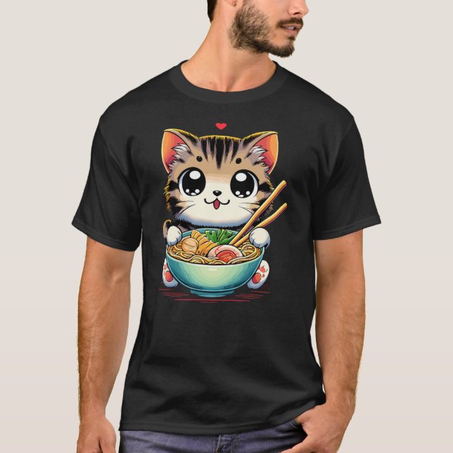 T-shirt Cat Ramen Noodles Anime Kawaii Japanese Cat (Devant)