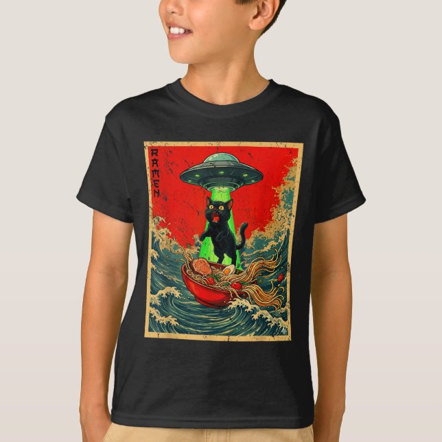 T-shirt Cat Ramen Ufo Japanese Anime Graphic Tees Men Wome (Devant)