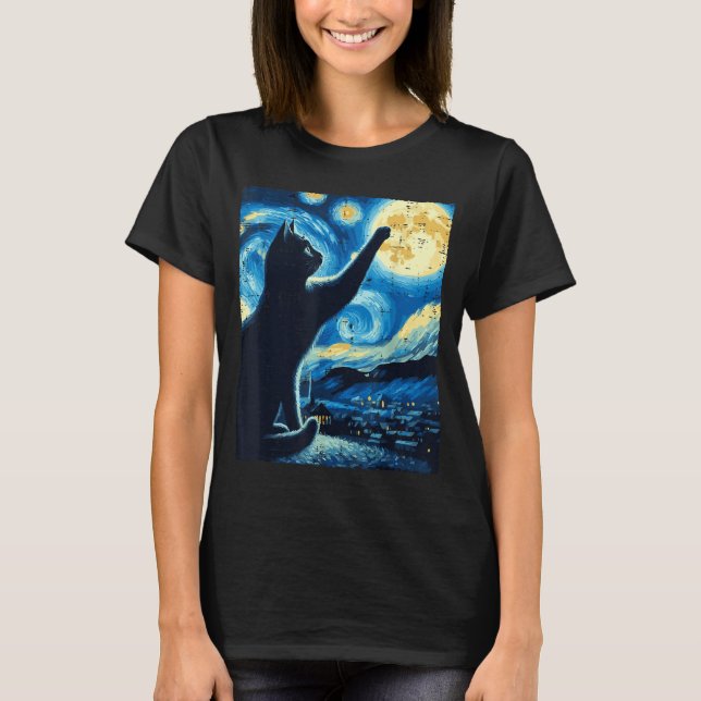 T-shirt Cat Reaching Moon Starry Night Funny Kitten Men Wo (Devant)