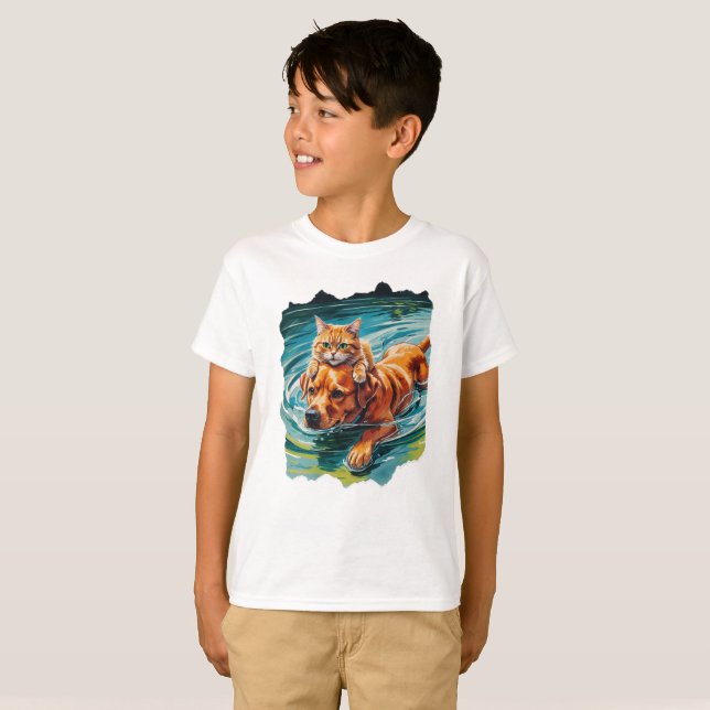 T-shirt Cat riding a friendly dog in the water! (Devant entier)