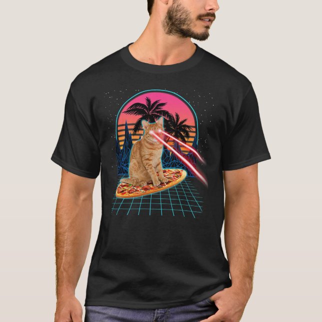 T-shirt Cat Riding Pizza Laser Eyes 80s Cat In Space Cats  (Devant)