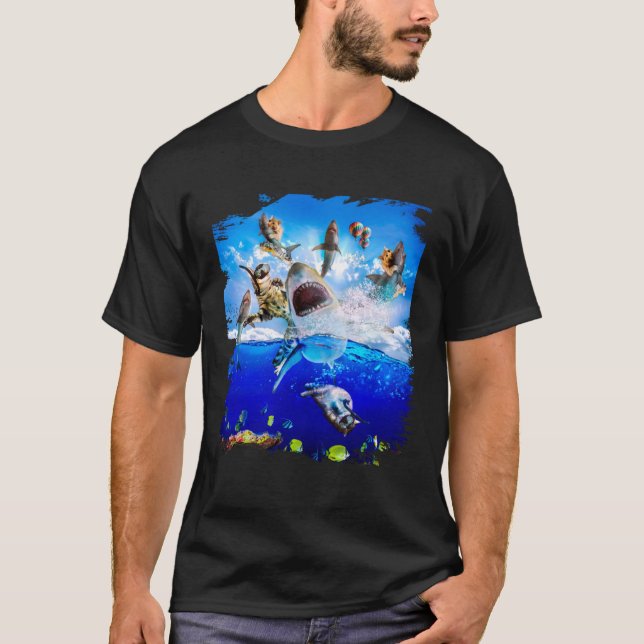 T-shirt Cat riding shark in the ocean on the beach (Devant)