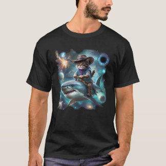 T-shirt Cat Riding Shark Rainbow Galaxy Cat Cowboy Shark H
