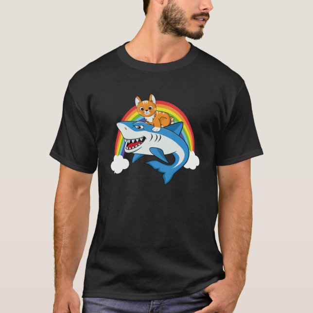 T-shirt Cat Riding Shark With Rainbow For Cat Mom Cat Dad  (Devant)
