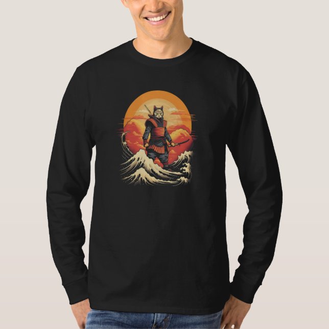 T-shirt Cat Samurai Charming Japanese Style The Great Wave (Devant)