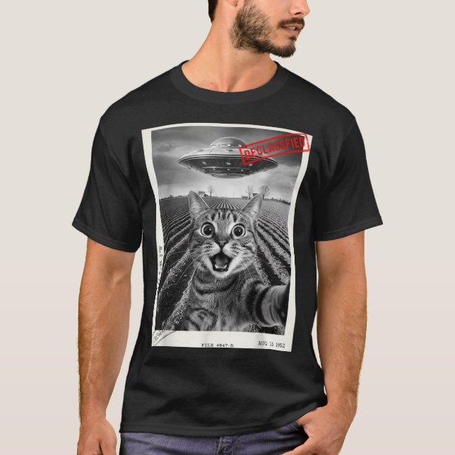 T-shirt Cat Selfie Ufo Alien Funny Surprised Cat Meme Men  (Devant)