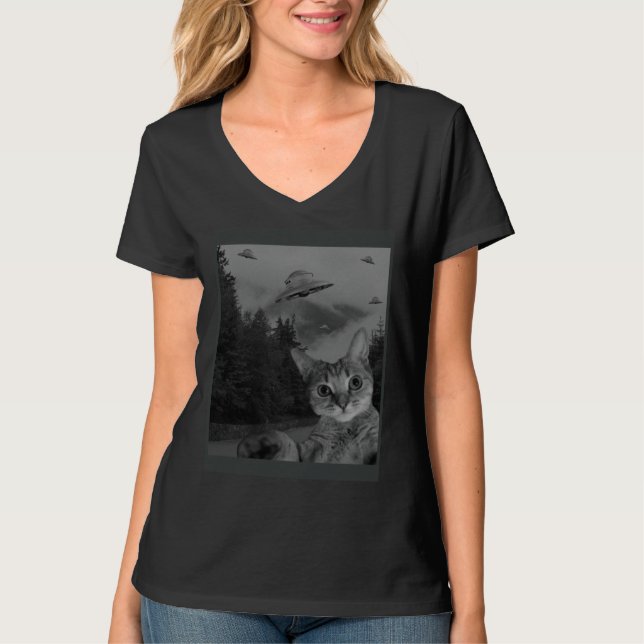 T-shirt Cat Selfie UFO Sighting  Alien Conspiracy Sci Fi L (Devant)