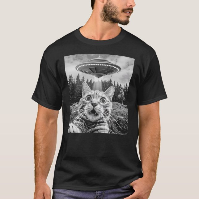 T-shirt Cat Selfie With Alien Ufo Funny Cat For Men Women  (Devant)