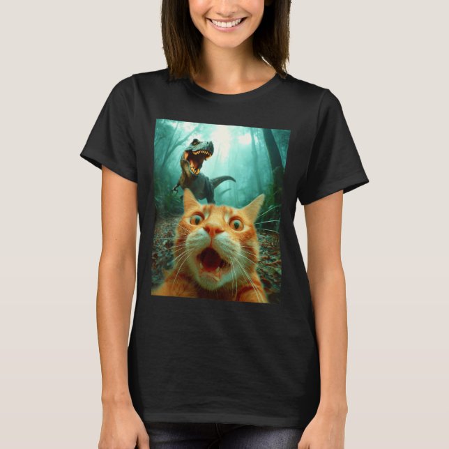 T-shirt Cat Selfie With T-rex Dinosaur Trex Dino Men Women (Devant)