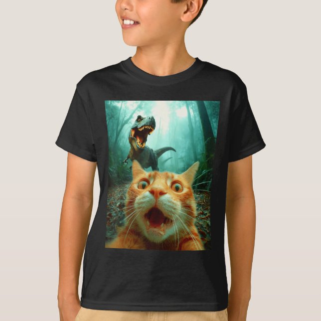 T-shirt Cat Selfie With T-rex Dinosaur Trex Dino Men Women (Devant)