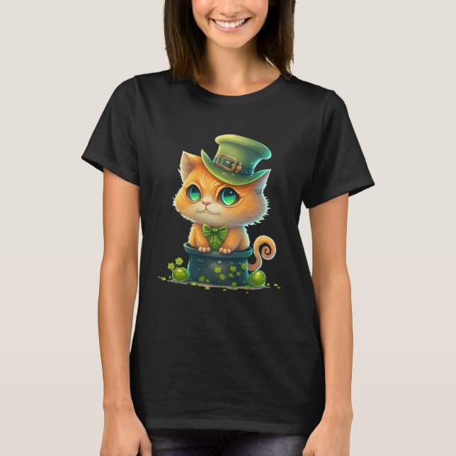 T-shirt Cat Shamrock St Patrick s Day Leprechaun Hat Cute  (Devant)