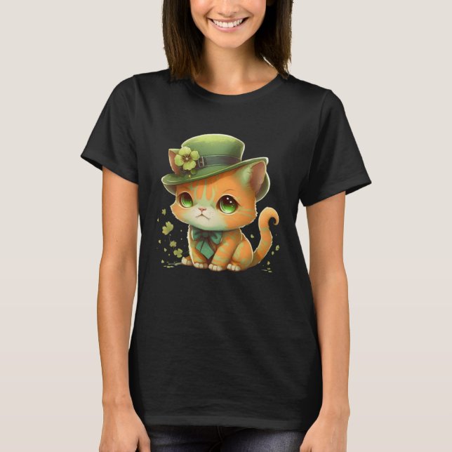 T-shirt Cat Shamrock St Patrick s Day Leprechaun Hat Cute  (Devant)