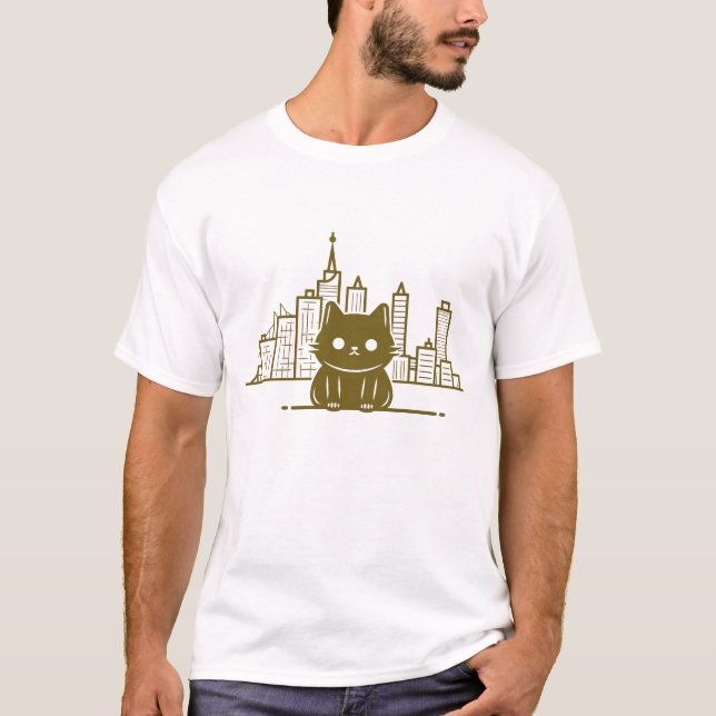 T-shirt Cat Sous Lune Ciel Furry Cute Vector Graphique (Devant)