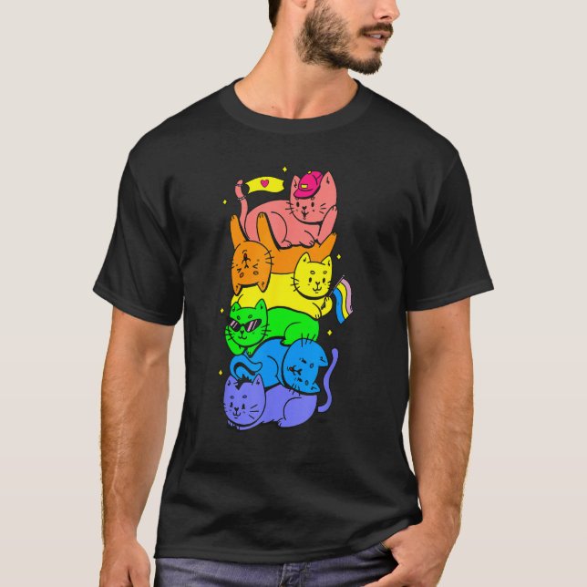 T-shirt Cat Stack Rainbow Gay Pride Cute LGBT Animal Pet (Devant)
