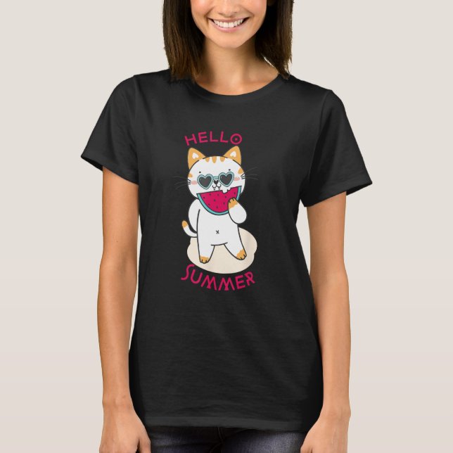 T-shirt Cat Summer Cute Watermelon Tropical Fruit Hello Su (Devant)