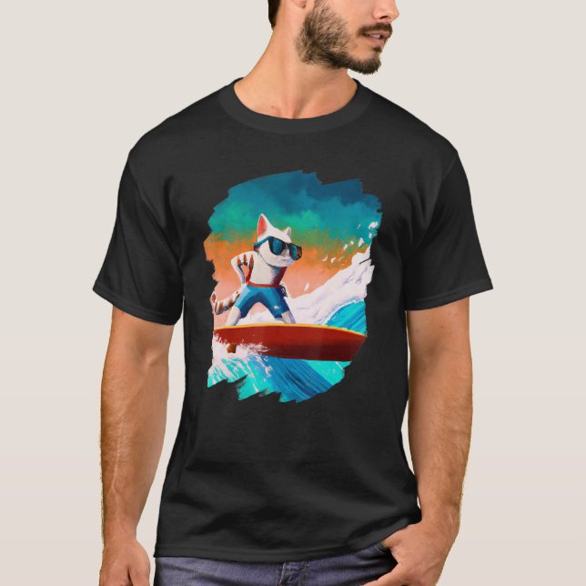 T-shirt Cat Surfing Surfer Riding Wave Ocean Artistic Cool (Devant)