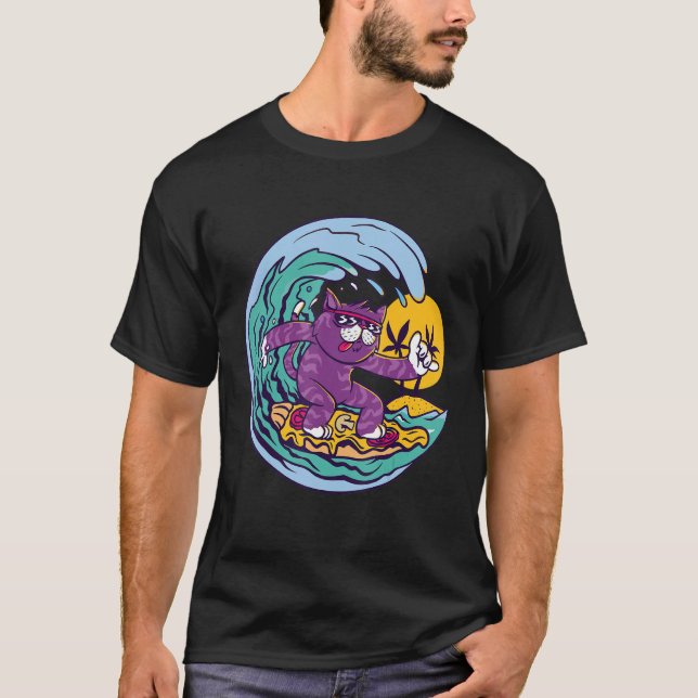 T-shirt Cat Surfing Waves Ocean Island et Sun (Devant)