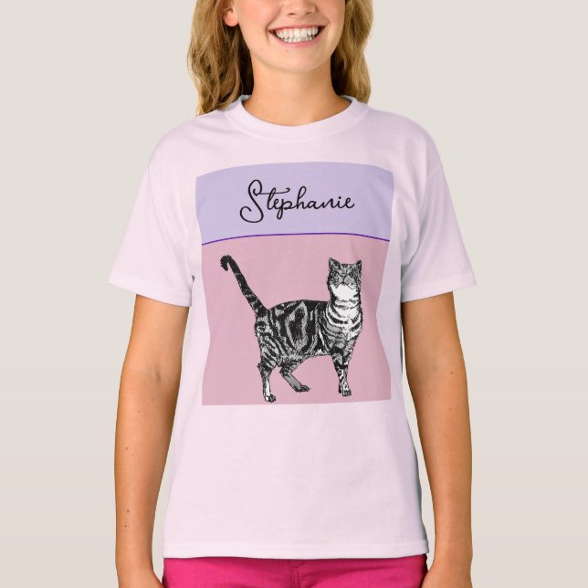 T-shirt Cat Tabby Pastel Cats Girls Rose Pink Pets (Devant)