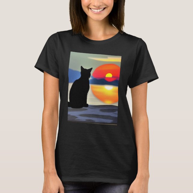 T-shirt Cat Watching Sunset scene Black Cat Sunset (Devant)