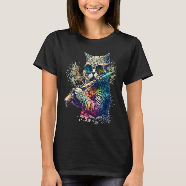 T-shirt Cat Wearing Sunglasses Playing Flute Colorful Tank (Devant)