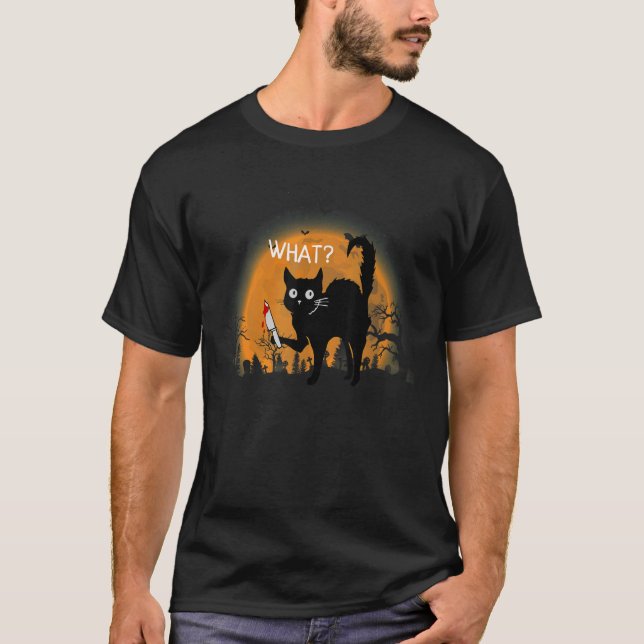 T-shirt Cat What Black Cat With Knife Moon Halloween Costu (Devant)