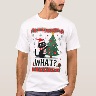 T-shirt Cat What Funny Black Cat Pushing Christmas Tree Ug