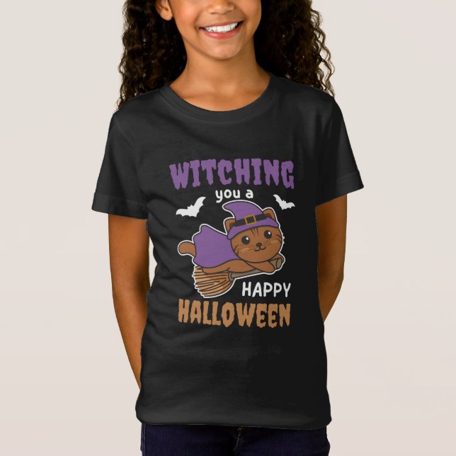 T-Shirt Cat Witch Witching You A Happy Halloween (Devant)
