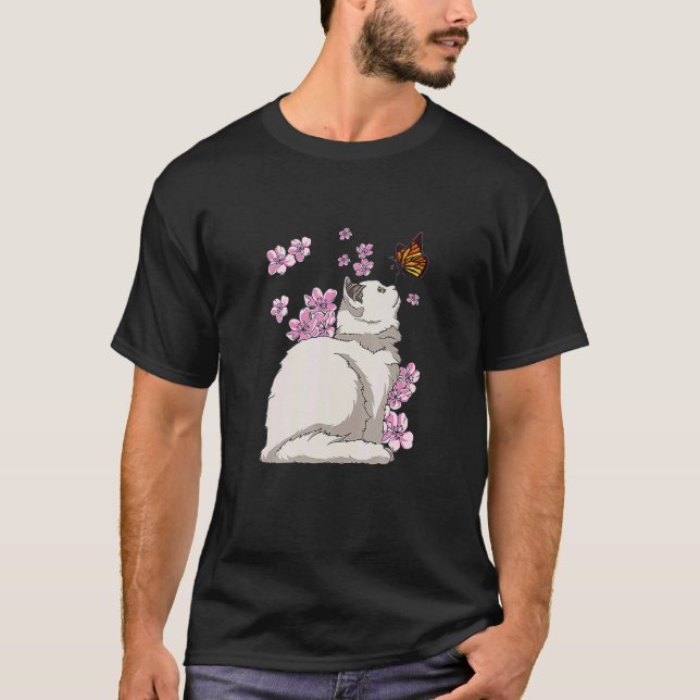 T-shirt Cat With Butterfly Japanese Sakura Cherry Blossom (Devant)