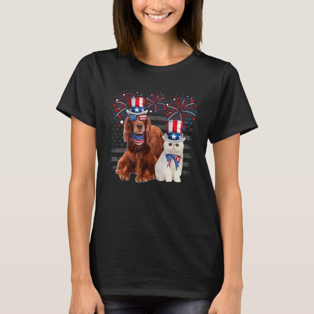 T-shirt Cat With Irish Setter Sunglasses American Flag 4th (Devant)