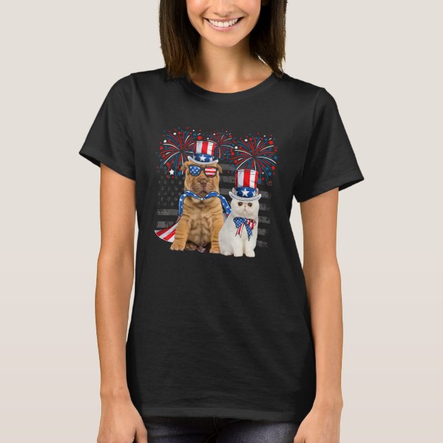 T-shirt Cat With Shar Pei Sunglasses American Flag 4th Of  (Devant)