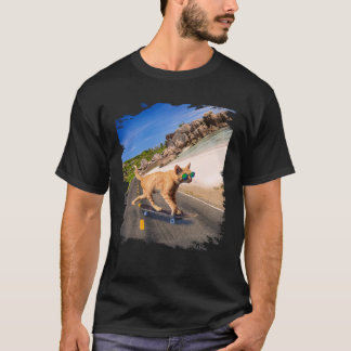 T-shirt Cat with sunglasses on skateboard on the beach
