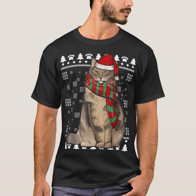 T-shirt Catat forestier norvégien Santa Hat Noël laid (Devant)
