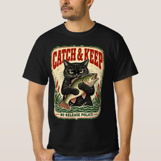 T-shirt Catch & Keep Vintage Black Cat Fishing Art