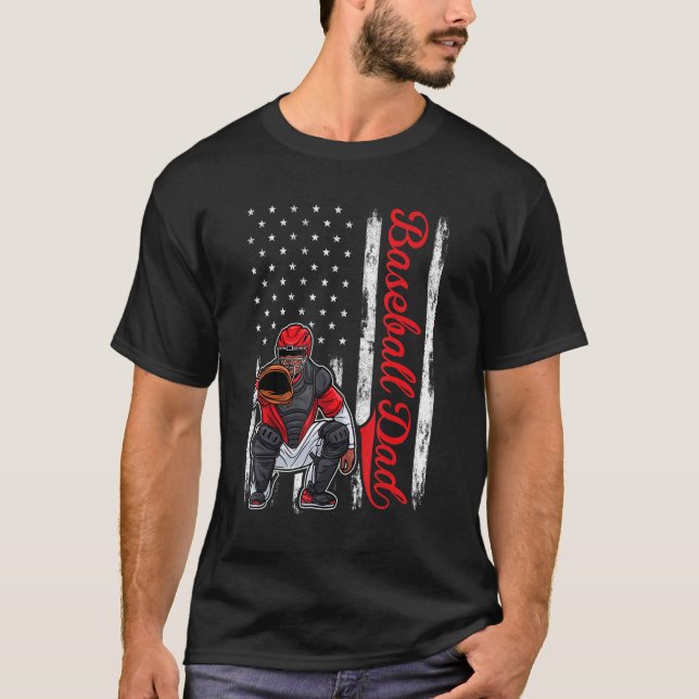 T-shirt Catcher Baseball Pour Hommes Baseball Papa Drapeau (Devant)