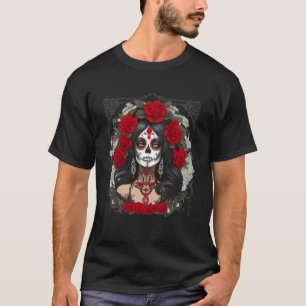 T-shirt Catrina Jour Crâne de Sucre Roses ROUGES Los Muert