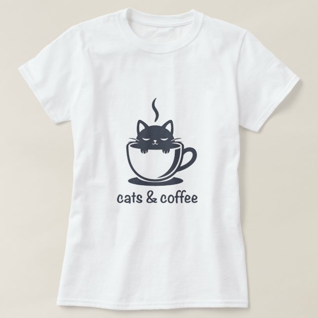 T-shirt Cats and Coffee Noir Feline Coffee Cup (Design devant)